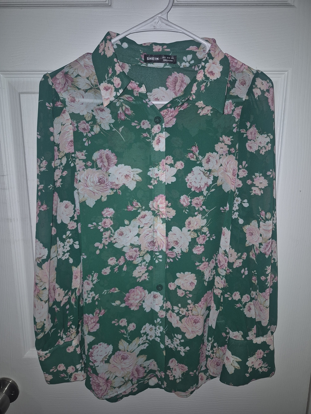 SHEIN Green Floral Button-Down Blouse with Pink Roses
